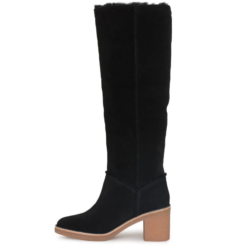 UGG Kasen Tall Black Suede Sheepskin Block Heel Boots Shearling Trim size 10